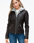 YMI Faux Layered Double-Zipper Jacket with Fuzzy Hood