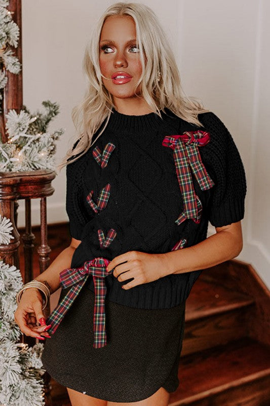 Christmas Plaid Lace-Up Puff Sleeve Sweater