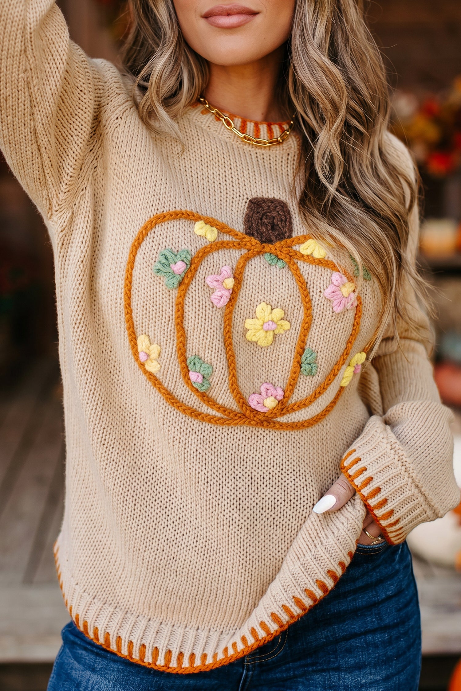 Pumpkin Floral Embroidered Round Neck Sweater