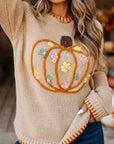 Pumpkin Floral Embroidered Round Neck Sweater