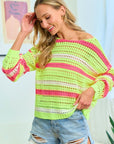 First Love Striped Long Sleeve Openwork Knit Top