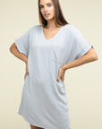 Zenana Woven Airflow V Neck T-Shirt Dress with Pockets