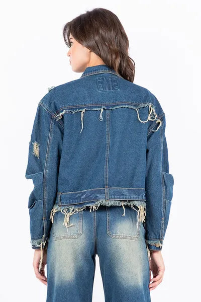 American Bazi Distressed Frayed Edge Zip Up Denim Jacket