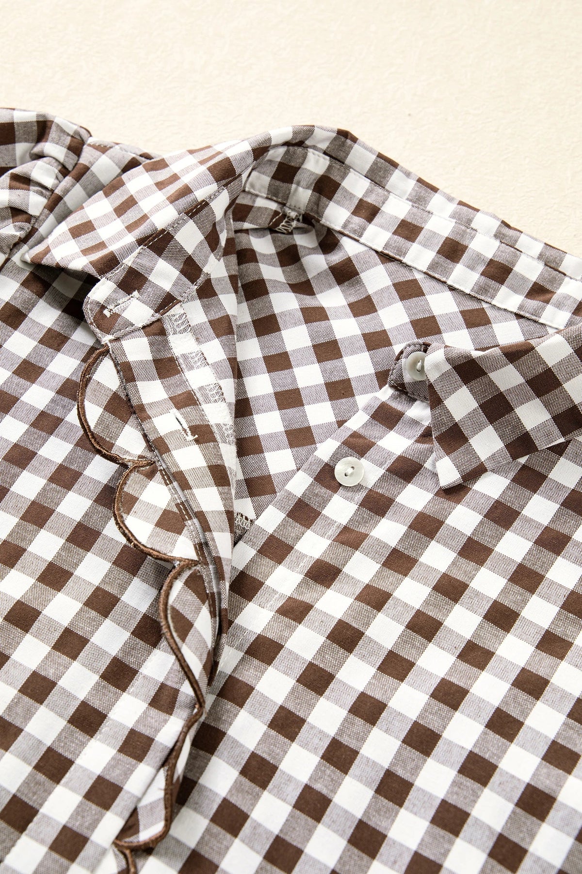 Brown Gingham Ruffle Collar Bow Cuff Blouse