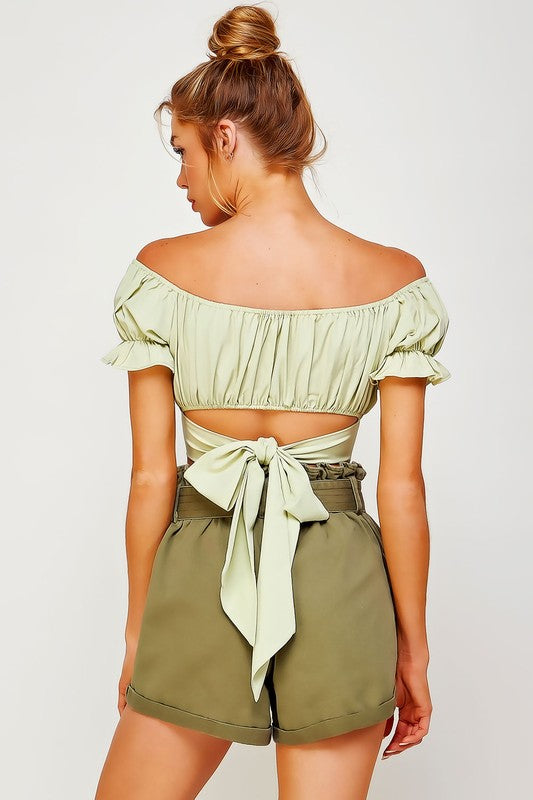 Off  Shoulder Pleated Crop Top with Back Ribbon Tie