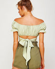 Off  Shoulder Pleated Crop Top with Back Ribbon Tie