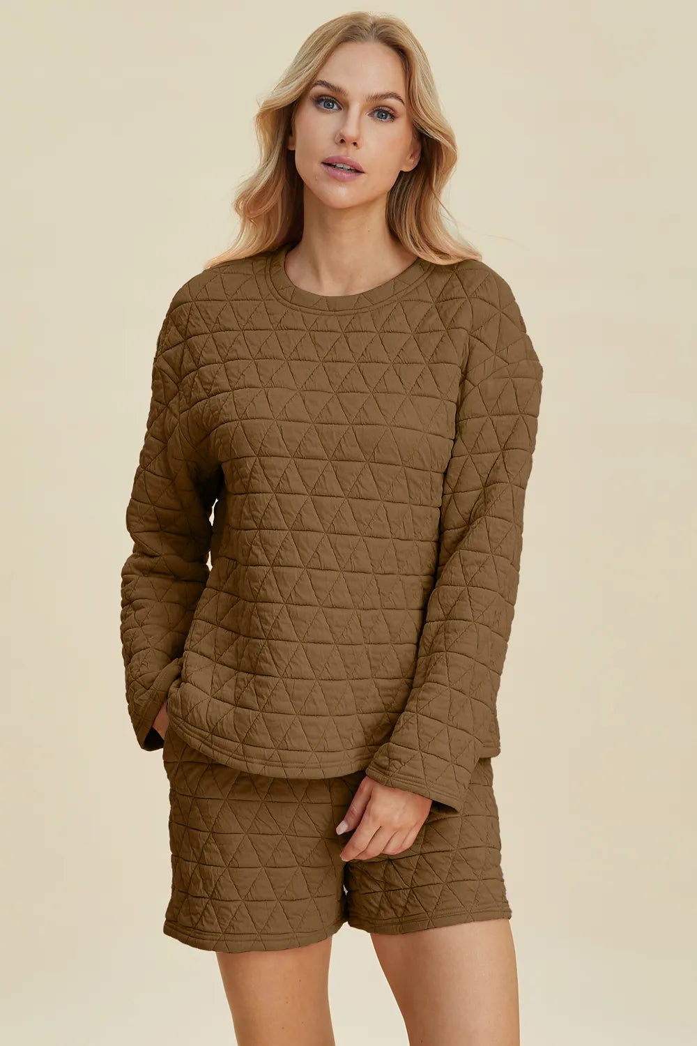 Double Take Textured Long Sleeve Top & Shorts Set