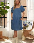 ADORA Square Neck Puff Sleeve Denim Dress