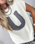 Western Horseshoe Crochet Short Sleeve Sweater