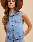 Annie Wear Collared Neck Button Down Denim Vest