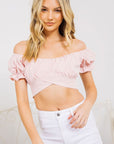 Off  Shoulder Pleated Crop Top with Back Ribbon Tie