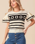 BiBi Granny Square Short Sleeve Striped Sweater