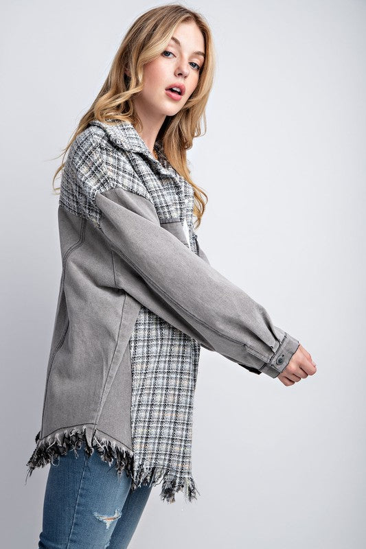 Tweed Mixed Denim Shacket with Fringed Hem