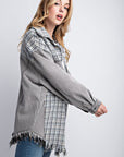 Tweed Mixed Denim Shacket with Fringed Hem