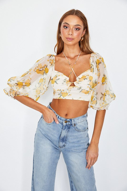 One and Only Collective Inc Chiffon Balloon Sleeved Bustier Crop Top