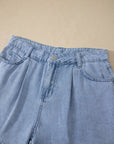 Solid Denim Scalloped Trim High Waist Shorts