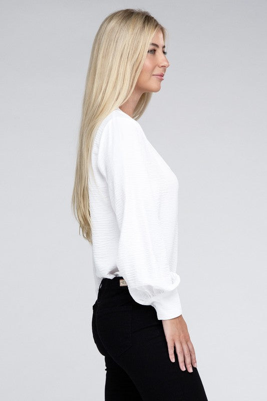 Zenana Woven Airflow V-Neck Long Sleeve Top