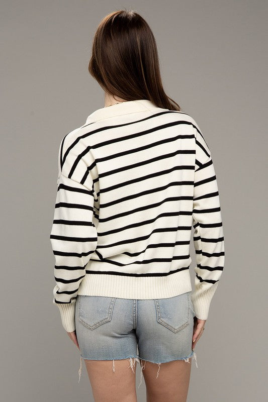 Stripe Collared Knit Top