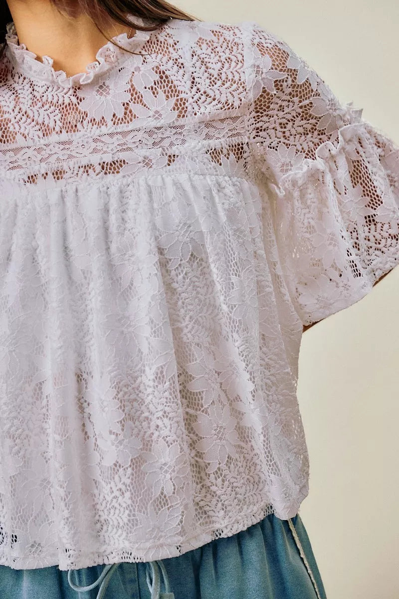SO ME Lace Ruffled Short Sleeves Swing Top
