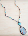 Amazonite & Crystal Long Beaded Necklace w/ Large Jasper Pendant