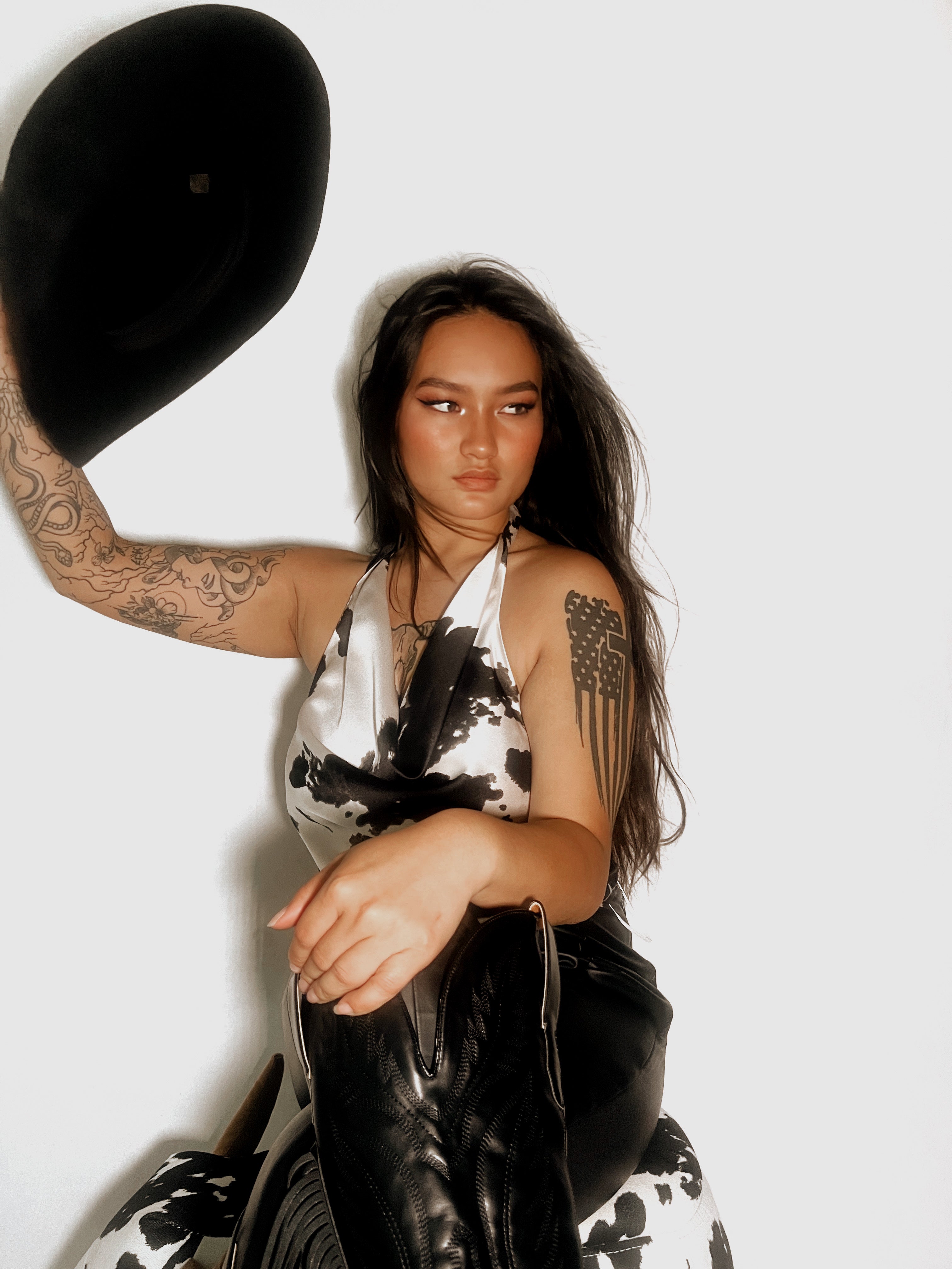 Renee C | Satin Cow Print Cowl Neck Backless Top