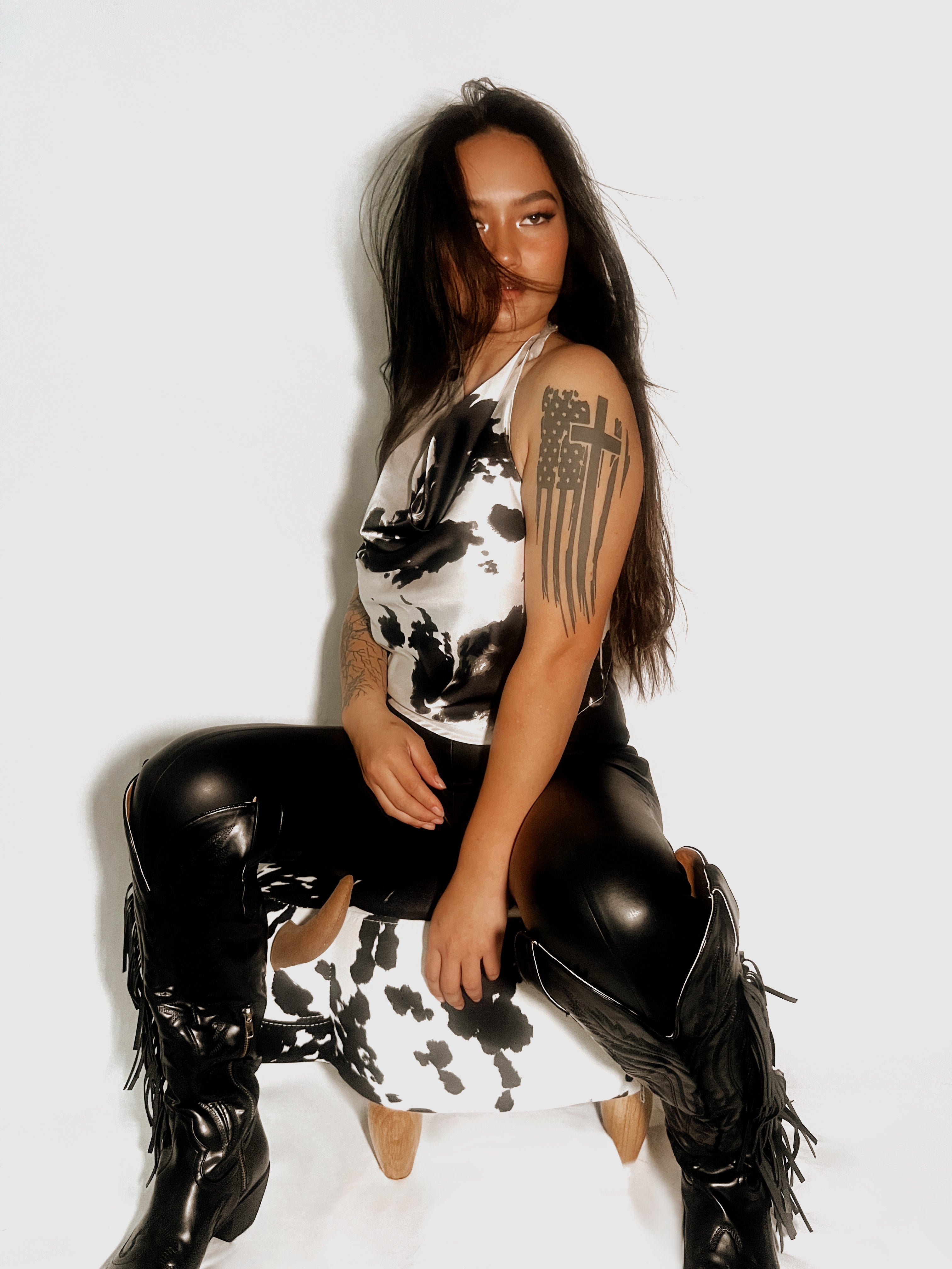 Renee C | Satin Cow Print Cowl Neck Backless Top