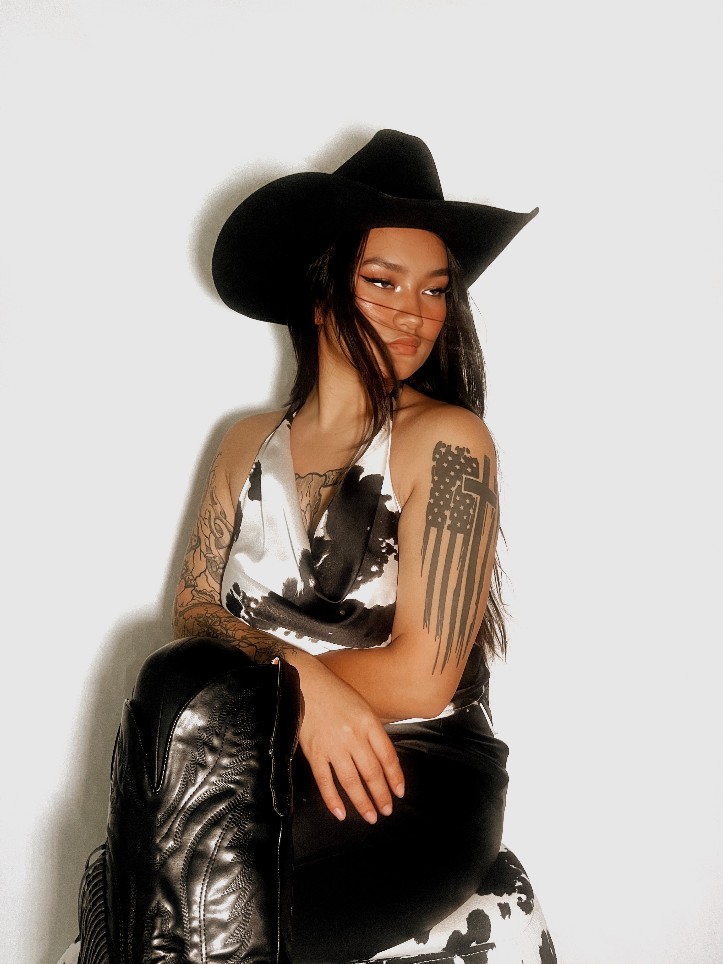 Renee C | Satin Cow Print Cowl Neck Backless Top