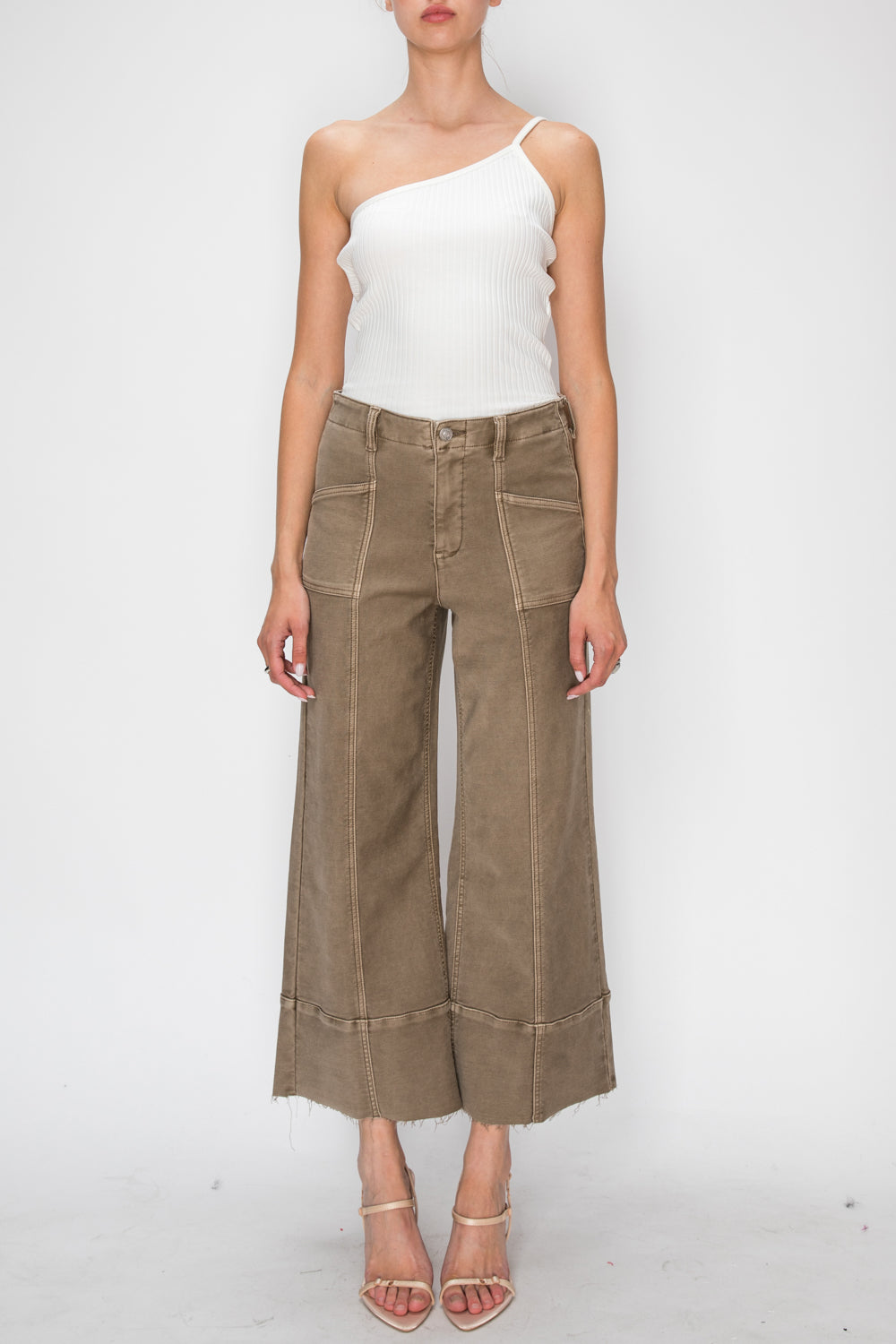 Artemis Vintage High Rise Slim Crop Palazzo Jeans in Taupe