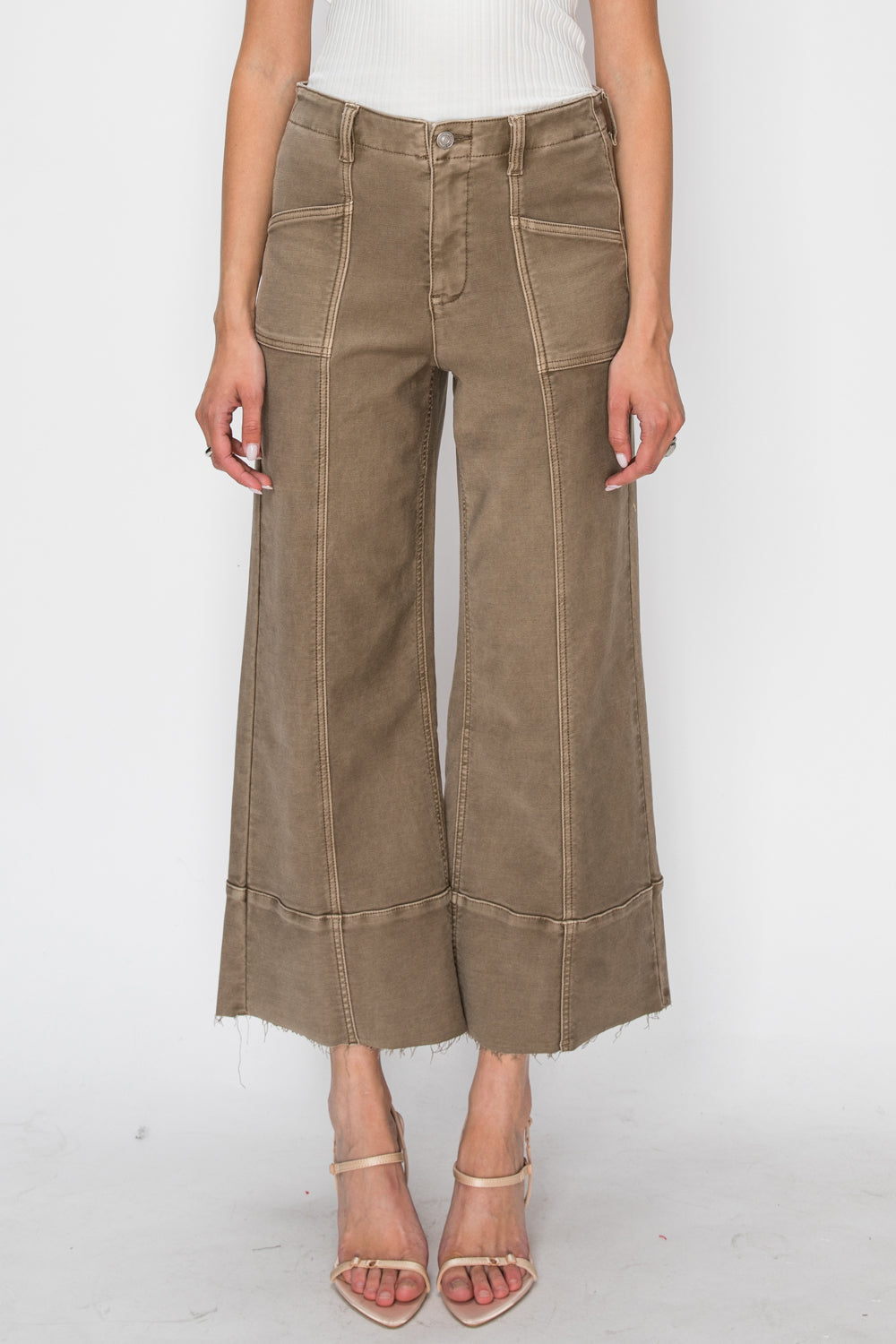 Artemis Vintage High Rise Slim Crop Palazzo Jeans in Taupe