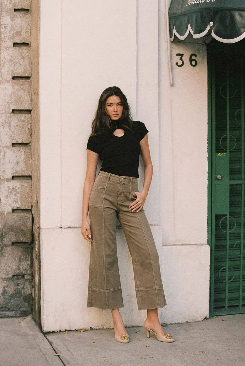 Artemis Vintage High Rise Slim Crop Palazzo Jeans in Taupe