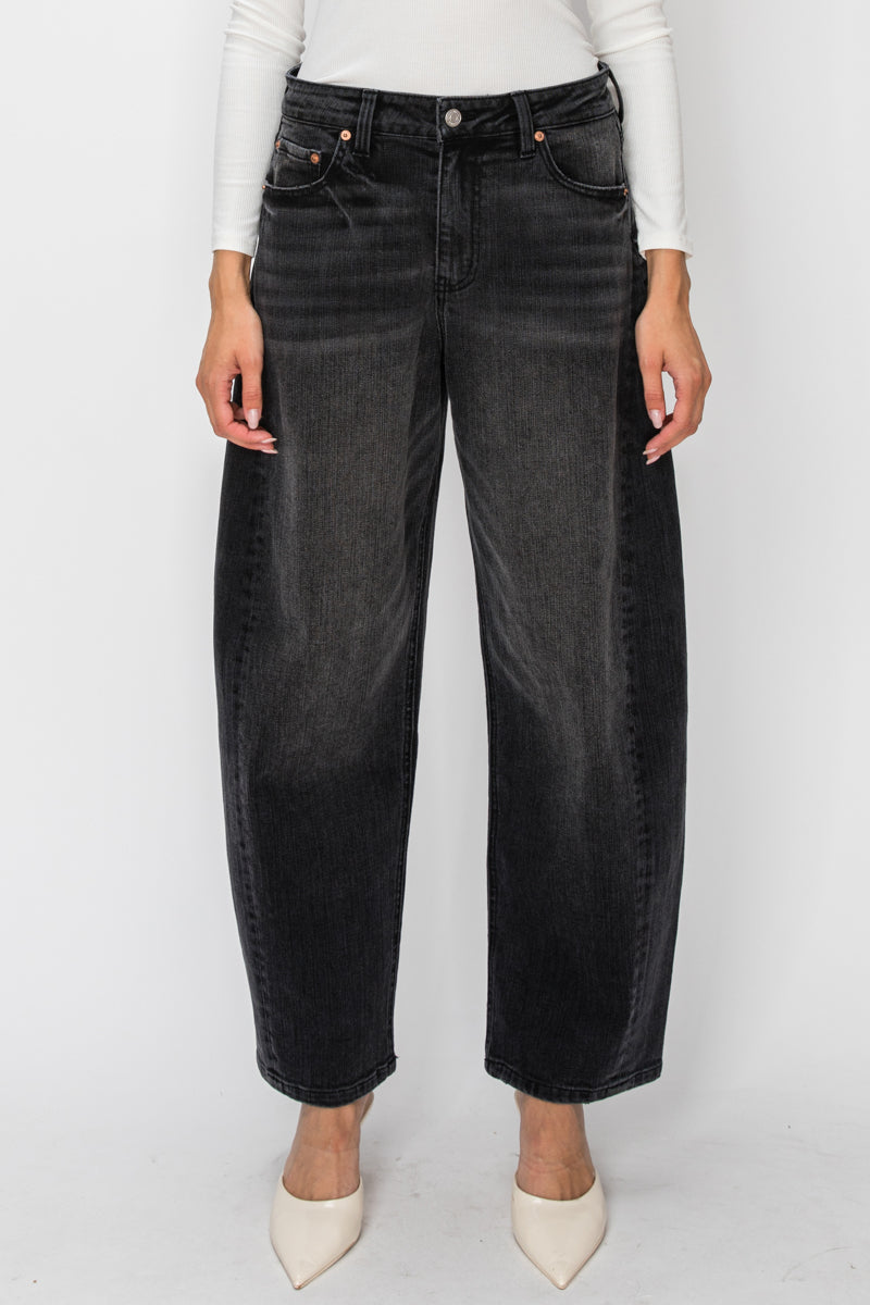 Black High Rise Barrel Jeans | Relaxed Fit