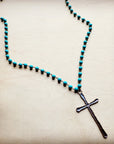 Turquoise Long Beaded Necklace with Antique Copper Cross