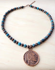 Natural American Turquoise Beaded Collar Necklace w/ Indian Head Pendant 262h