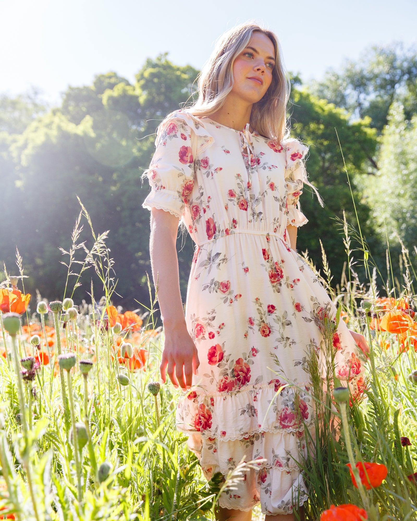 Vintage Romance Cream Floral Midi Dress