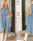 Asymmetrical Button-Front Denim Midi Dress