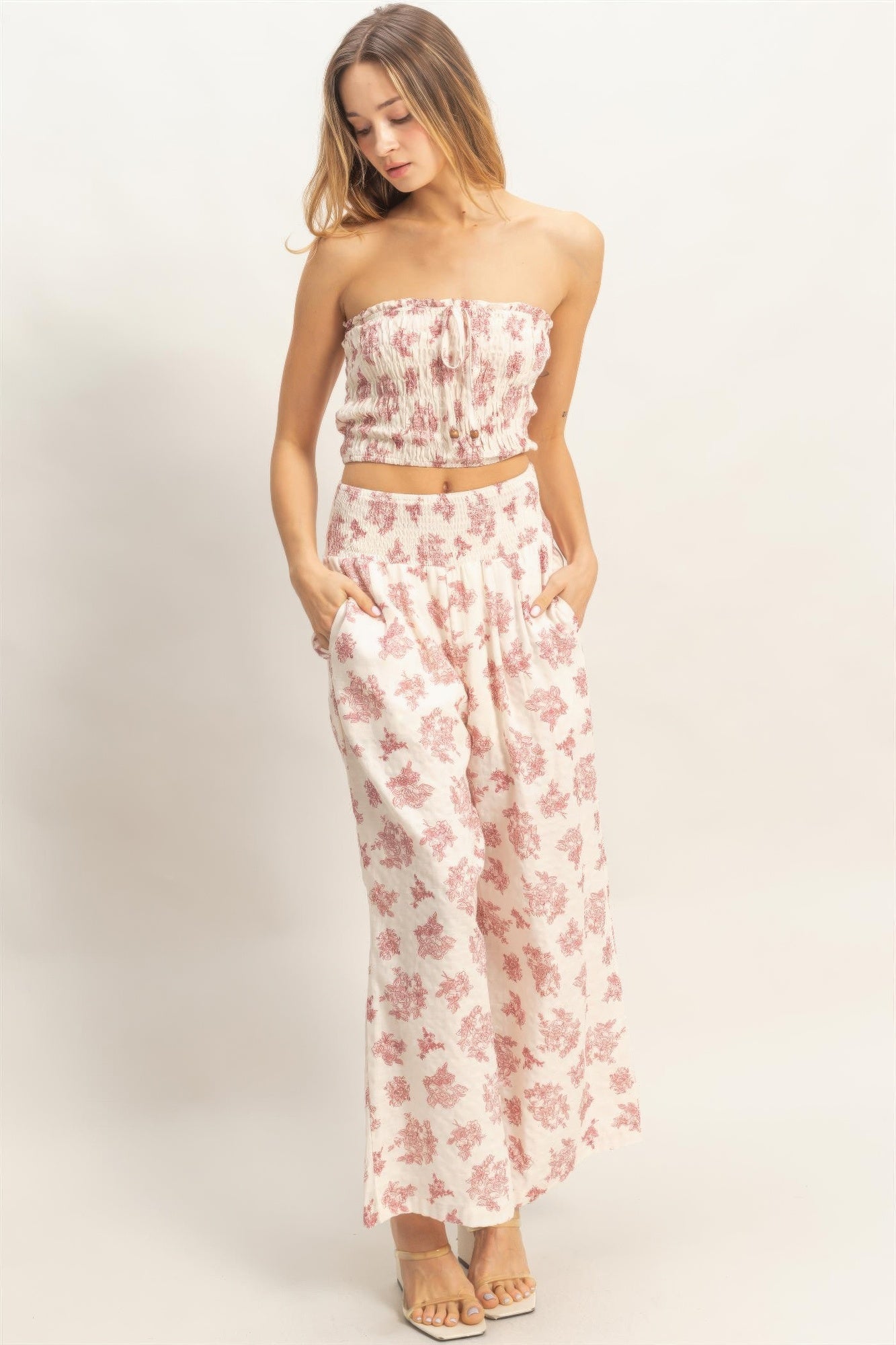 Smocked Tube Top & Wide-leg Pants Set in Blush