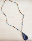 Amazonite & Crystal Long Beaded Necklace w/ Druzy Pendant