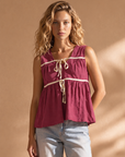 Winny Contrast Bow Sleeveless Peplum Top in Berry