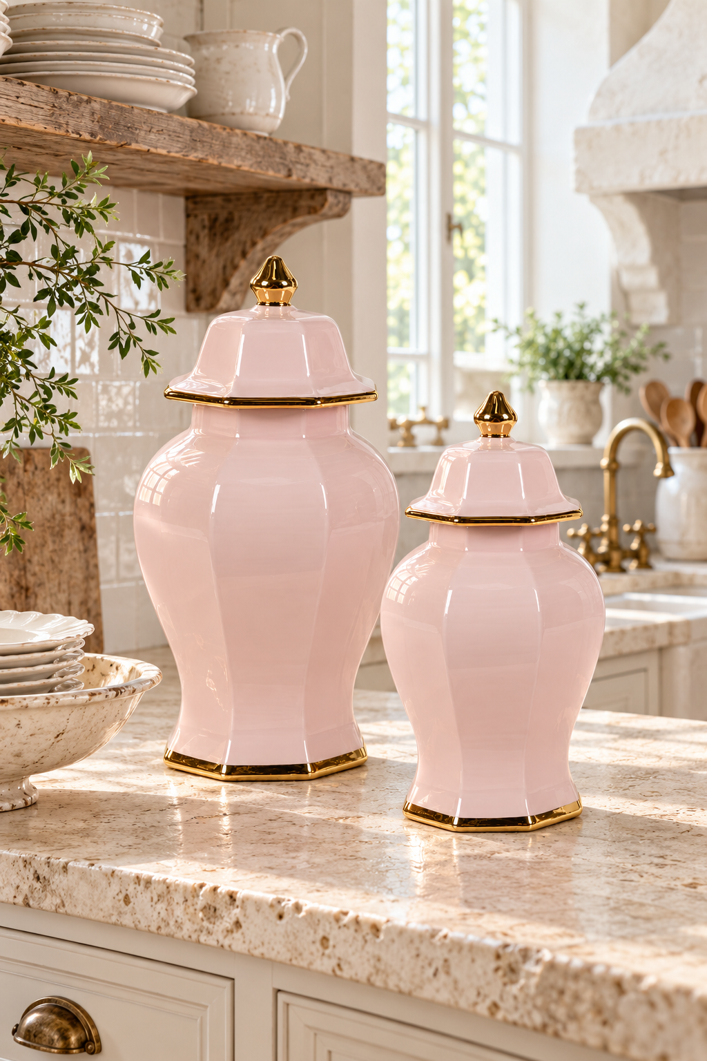 Park Hill Pink Hexagon Ceramic Jar with Gold Trim, Set of 2