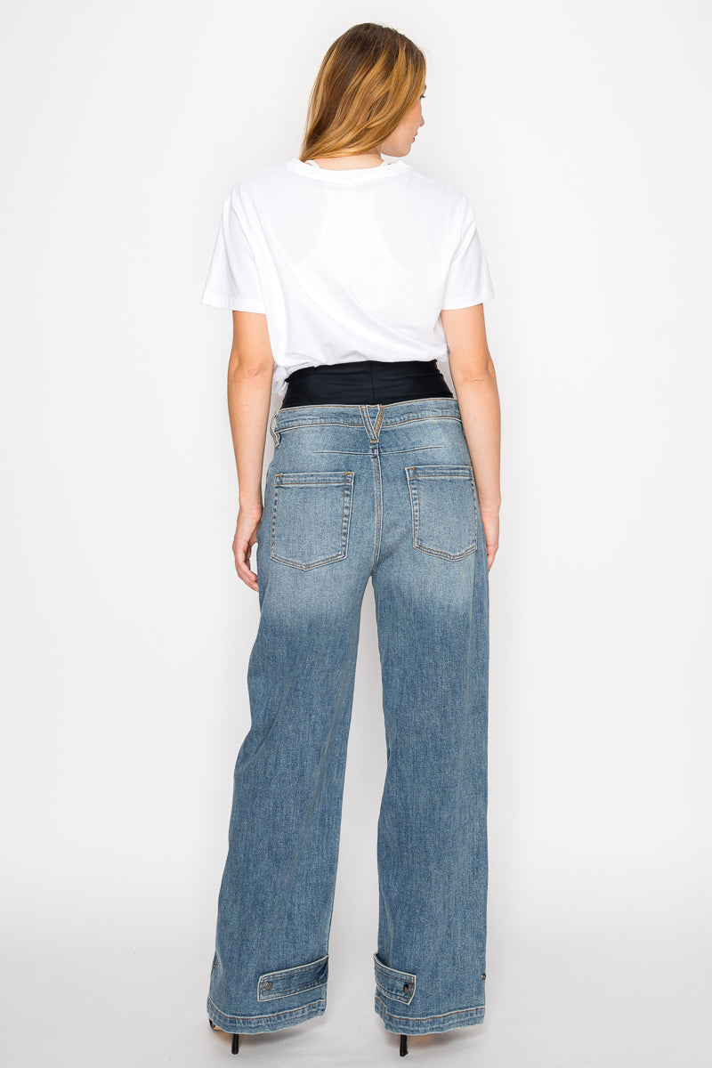 Artemis Vintage |Adjustable Hem Knit Band Wide Leg Jeans