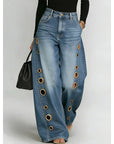 Women's Metal Eyelet High Waist Loose Wide-Leg Jeans – Light Blue, Black, Dark Blue