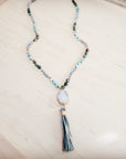 Long Amazonite Necklace with Genuine White Druzy Pendant