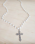 Pearl Long Beaded Necklace with Antique Silver Cross