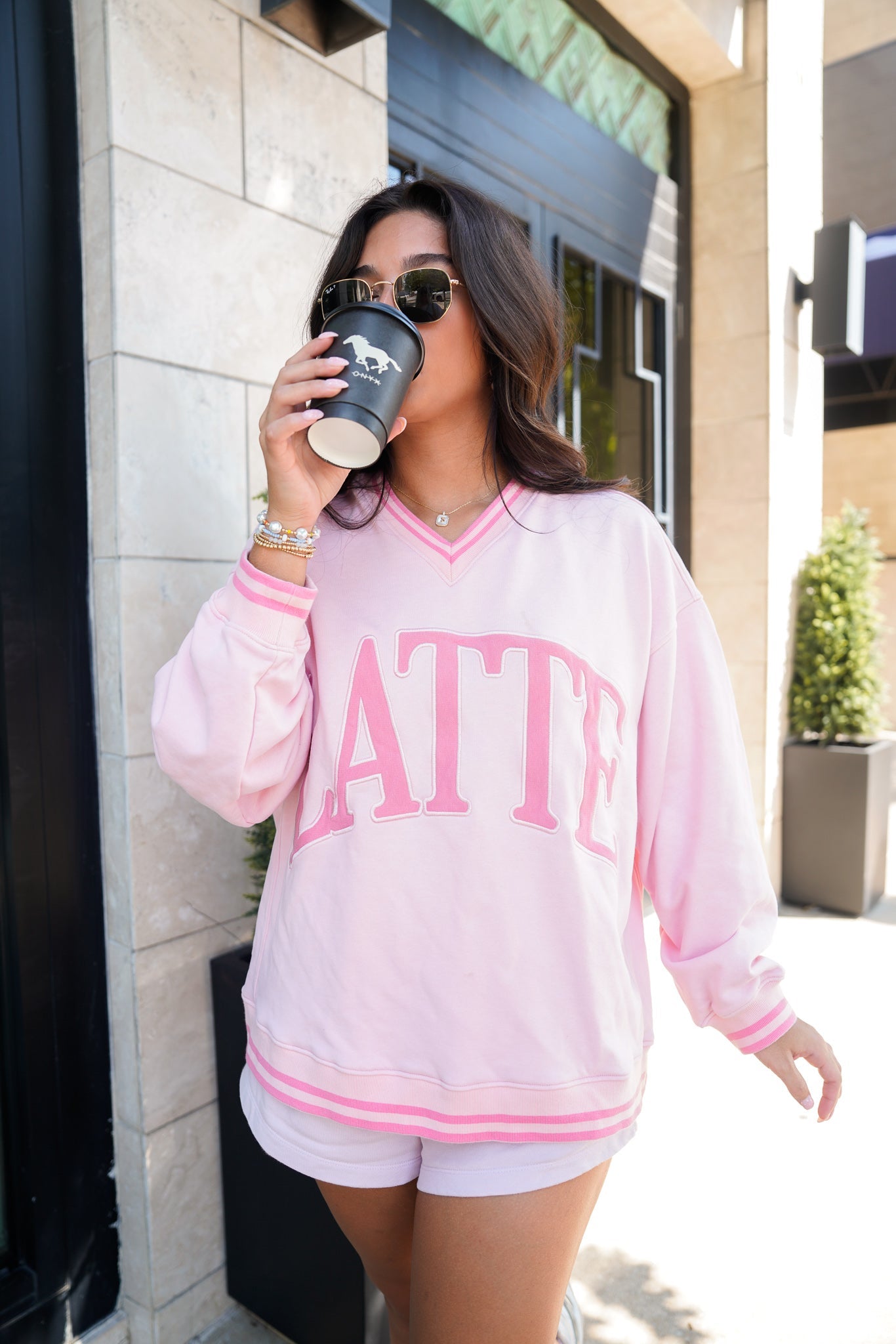 Latte - Pink Vintage V-Neck Sweatshirt