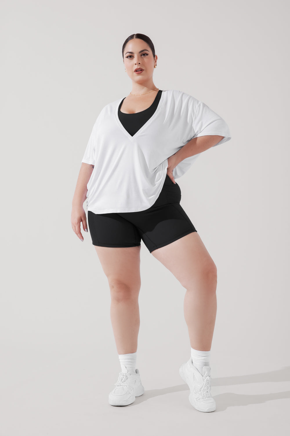 POPFLEX Full Size Daring Deep V Tee - White