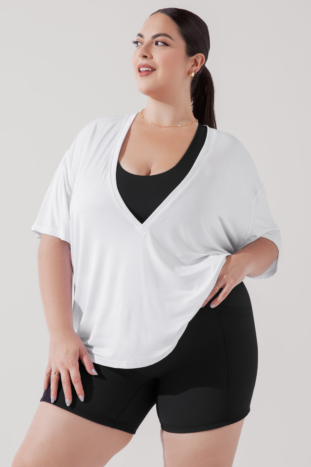 POPFLEX Full Size Daring Deep V Tee - White