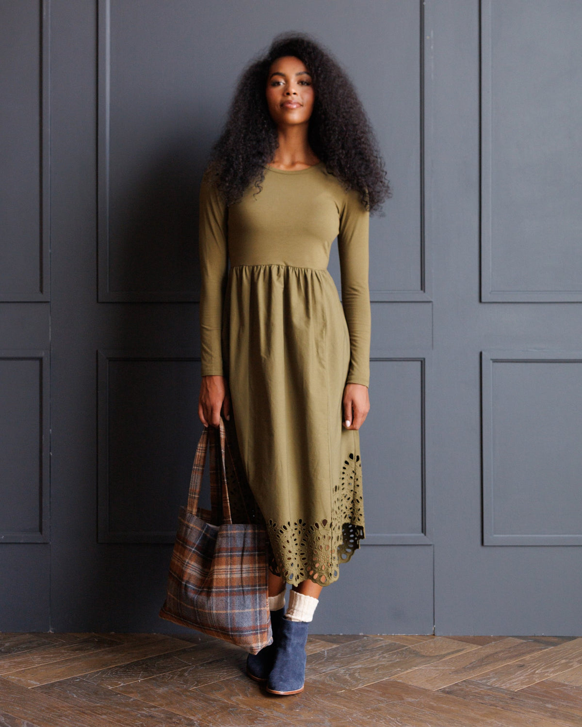 Olive Embroidered Long Sleeve Hybrid Maxi Dress