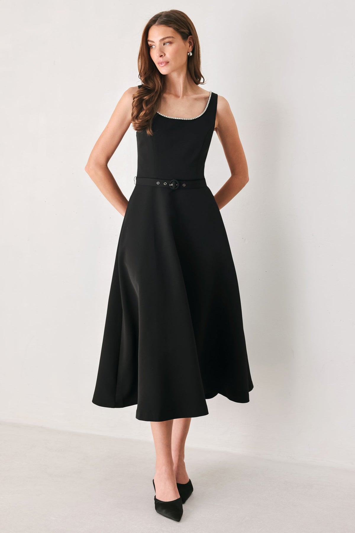 Flying Tomato Jeweled Noir Black Belted Midi Dress