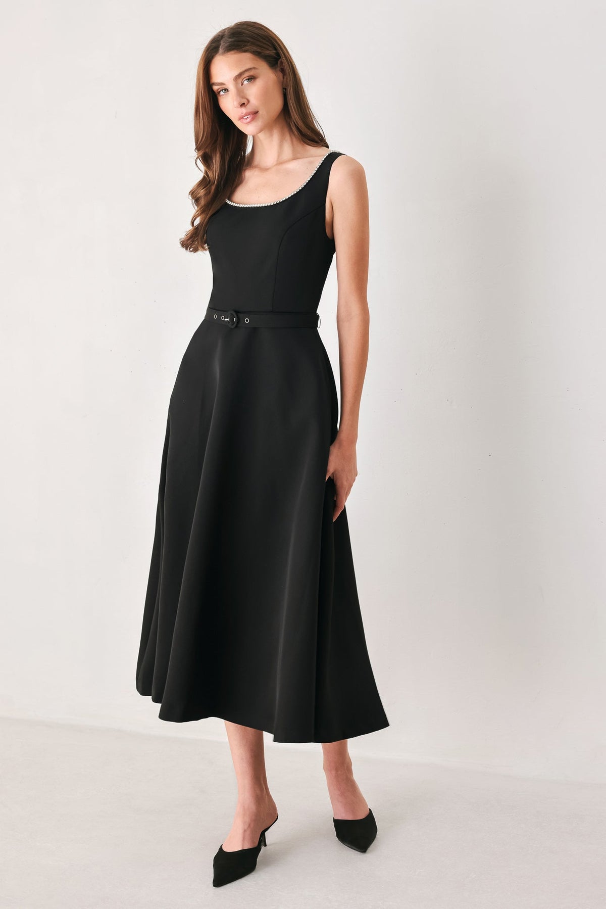 Flying Tomato Jeweled Noir Black Belted Midi Dress