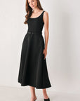 Flying Tomato Jeweled Noir Black Belted Midi Dress
